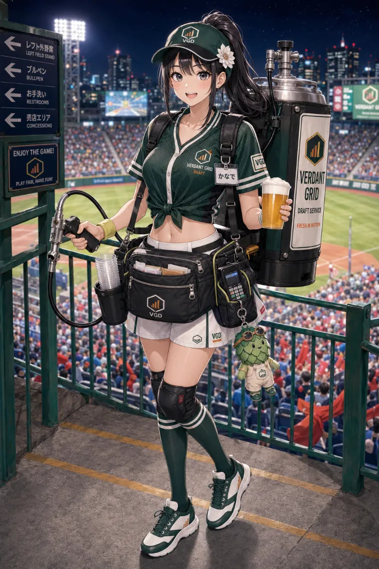 AIイラスト版｜フォレストグリーンの前結び野球ジャージーと白いランニングパンツを着たビールの売り子