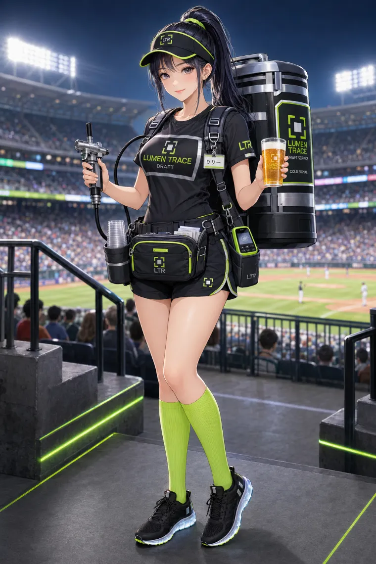 AIイラスト版｜チャコールブラックのテクニカルユニフォームとショートパンツを着たビールの売り子