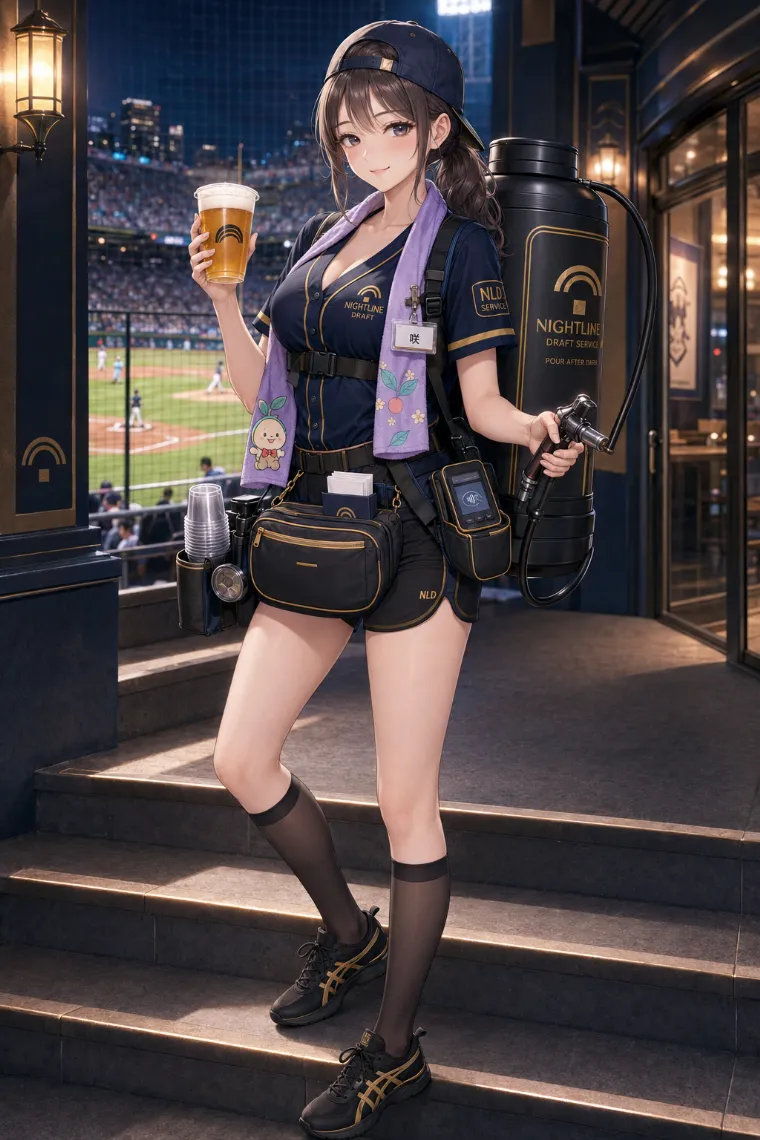 AIイラスト版｜ディープネイビーのベースボールシャツとブラックショートパンツを着たビールの売り子