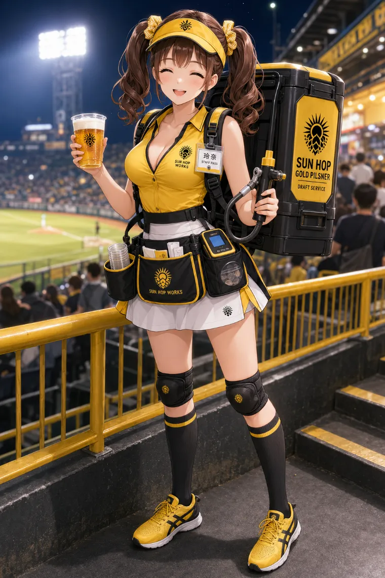 AIイラスト版｜サンイエローのノースリーブポロと白いAラインスコートを着たビールの売り子