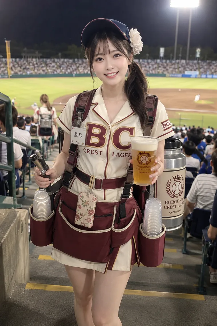 実写AI美女版｜アイボリーとバーガンディの野球ユニフォームに花飾り付きキャップを合わせたビールの売り子
