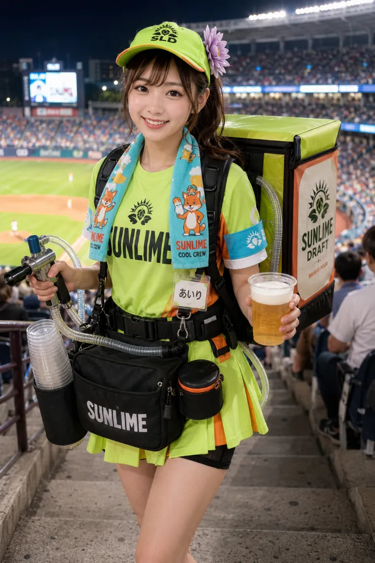 実写AI美女版｜ネオンライムとオレンジの半袖ユニフォームにプリーツスコートを合わせたビールの売り子