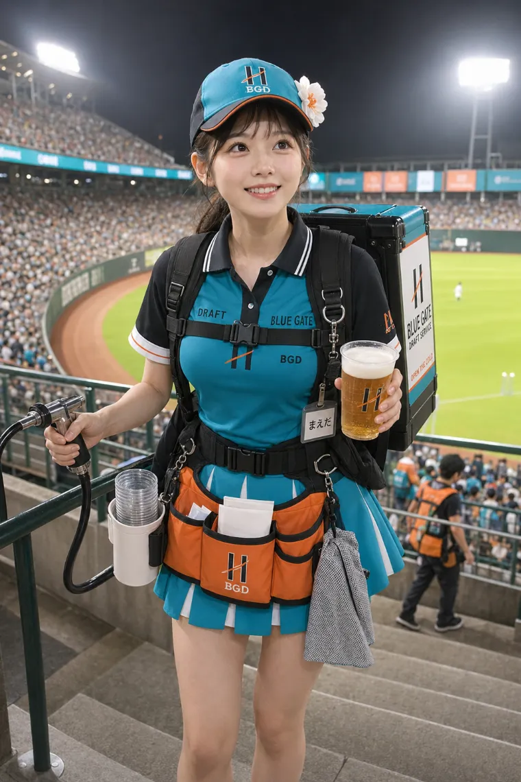 実写AI美女版｜ターコイズとブラックのポロシャツに八本プリーツスコートを合わせたビールの売り子