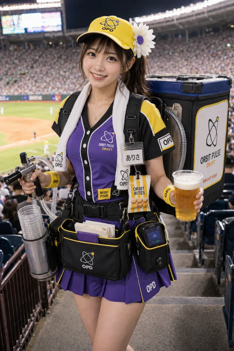 実写AI美女版｜バイオレットとブラックの野球シャツにプリーツキュロットを合わせたビールの売り子