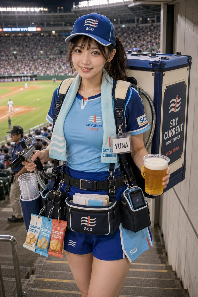 実写AI美女版｜スカイブルーとコバルトブルーのスポーツシャツにショートパンツを合わせたビールの売り子