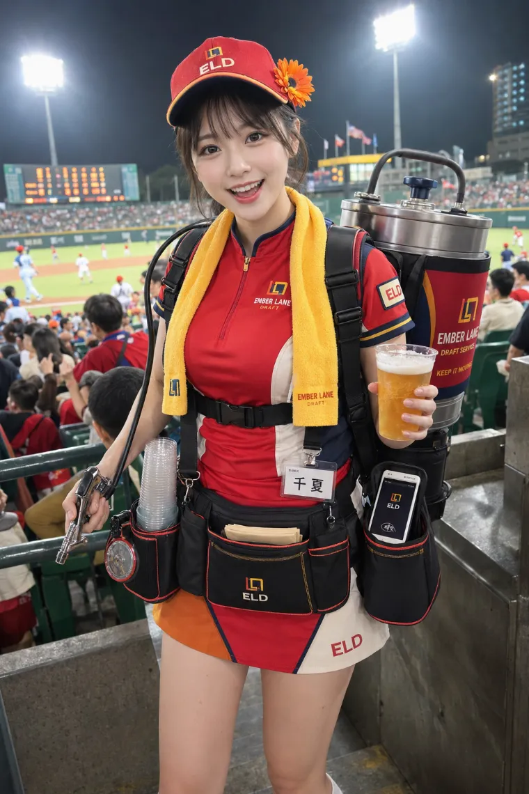 実写AI美女版｜シグナルレッドのスポーツトップスと三色ラップスコートを着たビールの売り子