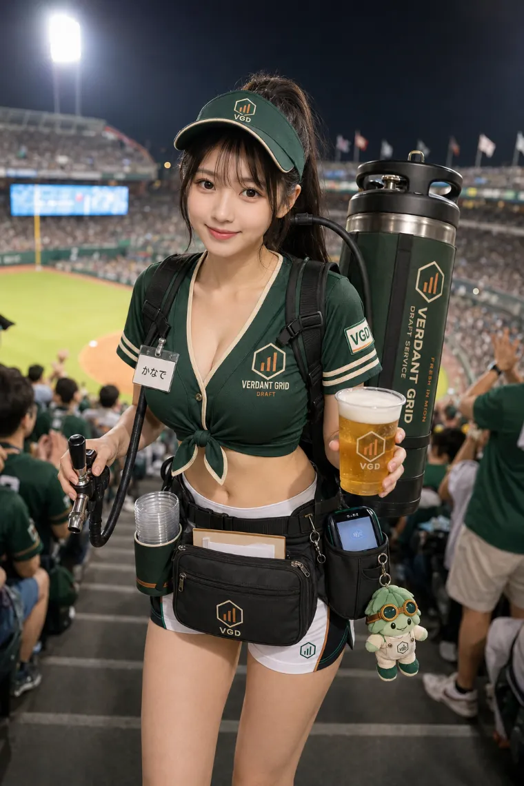 実写AI美女版｜フォレストグリーンの前結び野球ジャージーと白いランニングパンツを着たビールの売り子