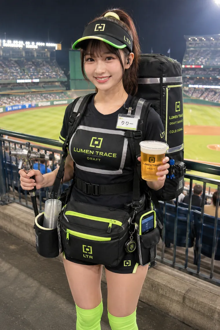 実写AI美女版｜チャコールブラックのテクニカルユニフォームとショートパンツを着たビールの売り子