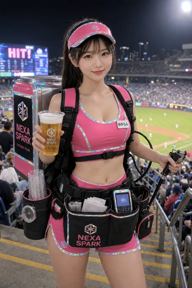 実写AI美女版｜ネオンピンクのクロップトップとショートパンツを着たビールの売り子