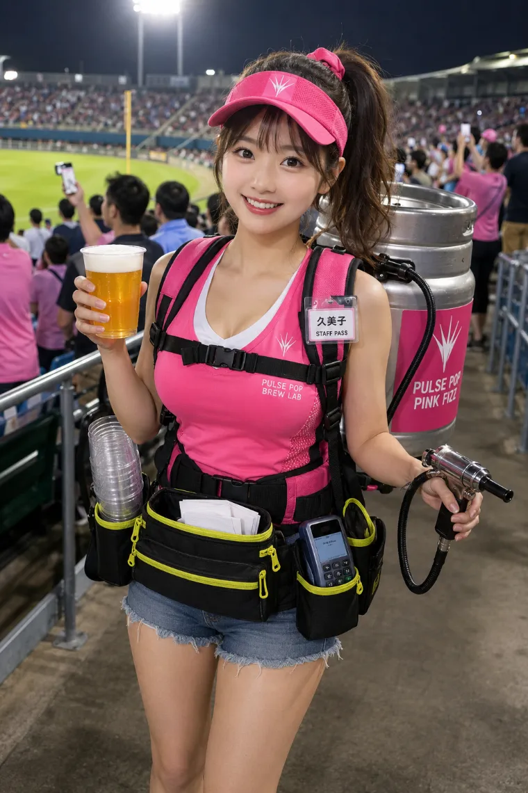 実写AI美女版｜ネオンピンクのレイヤードトップスとデニムショートパンツを着たビールの売り子