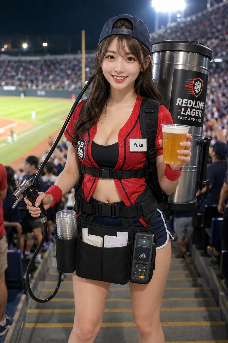 実写AI美女版｜赤いベースボールシャツと黒いスポーツブラにネイビーショートパンツを合わせたビールの売り子