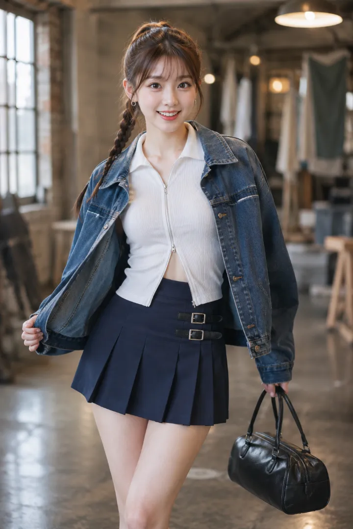 実写AI美女版｜白ダブルジップカーディガンとデニムジャケットにダブルバックル付きネイビーのプリーツミニ