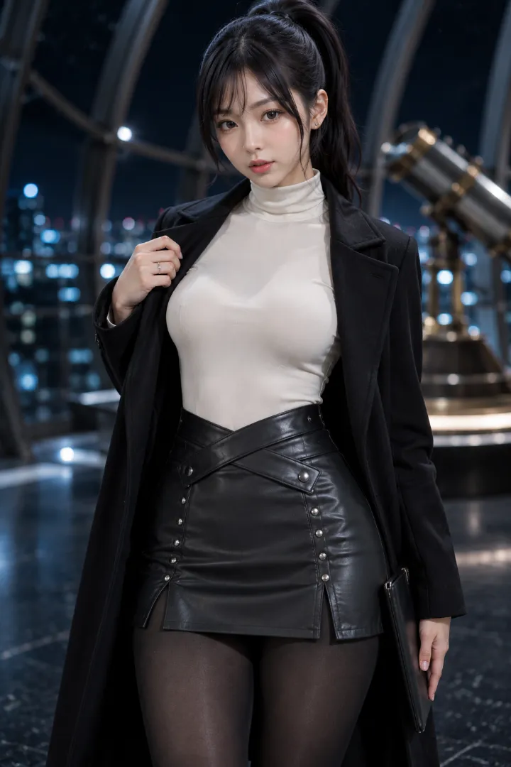 実写AI美女版｜白タートルネックと黒ロングコートに交差ウエスト帯付き黒レザーミニ