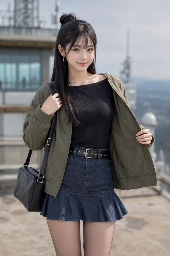 実写AI美女版｜黒ボートネックニットとカーキブルゾンにアイレットベルト付きデニムフレアミニ