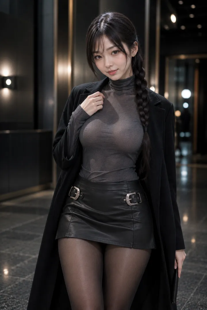 実写AI美女版｜シアーハイネックと黒ロングコートに左右バックル付き黒レザーのマイクロスカート