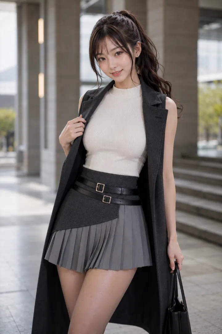実写AI美女版｜白ノースリーブニットとロングジレに二重ベルト付きグレーの非対称プリーツスカート