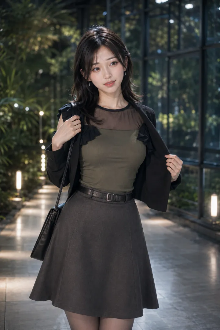 実写AI美女版｜オリーブのシアー切替トップと短丈ジャケットに黒ベルト付きチャコールのロングフレア