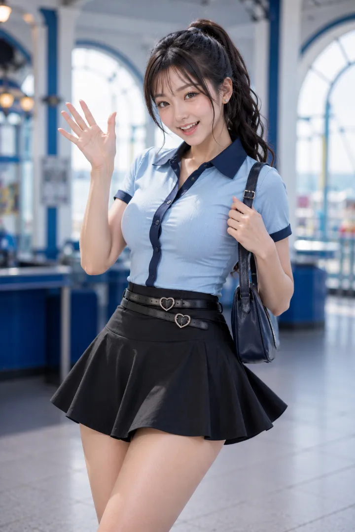 実写AI美女版｜水色の配色シャツとハートバックルの二重ベルト付き黒フレアミニ