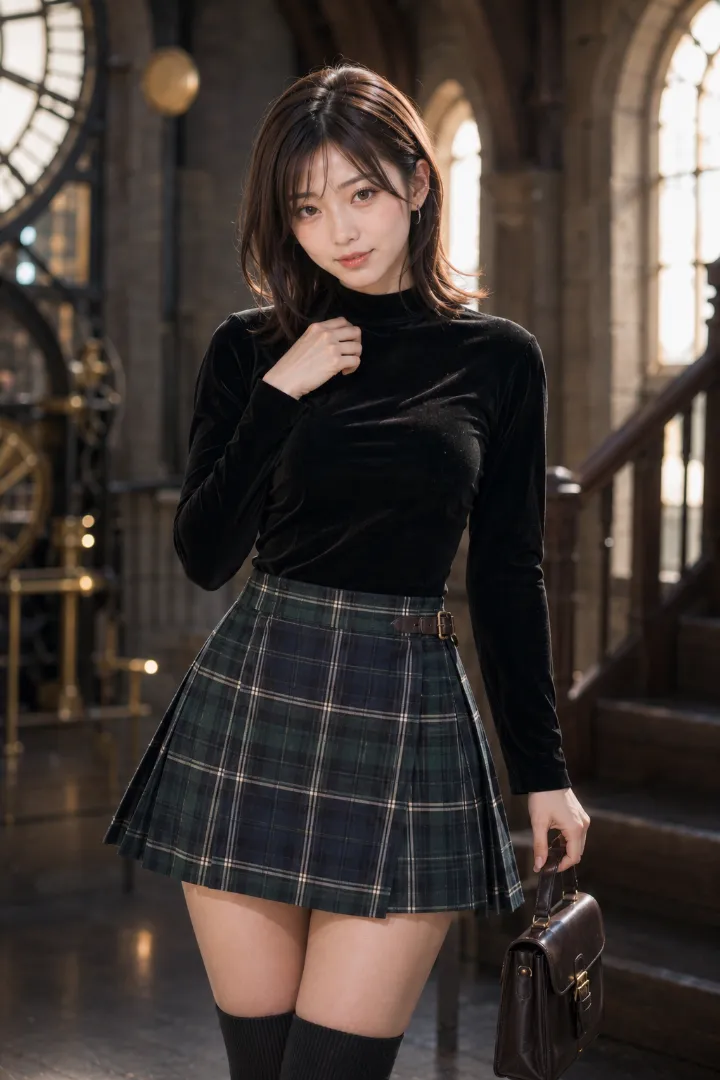 実写AI美女版｜黒モックネックトップとサイドタブベルト付きタータンチェックのキルトミニ