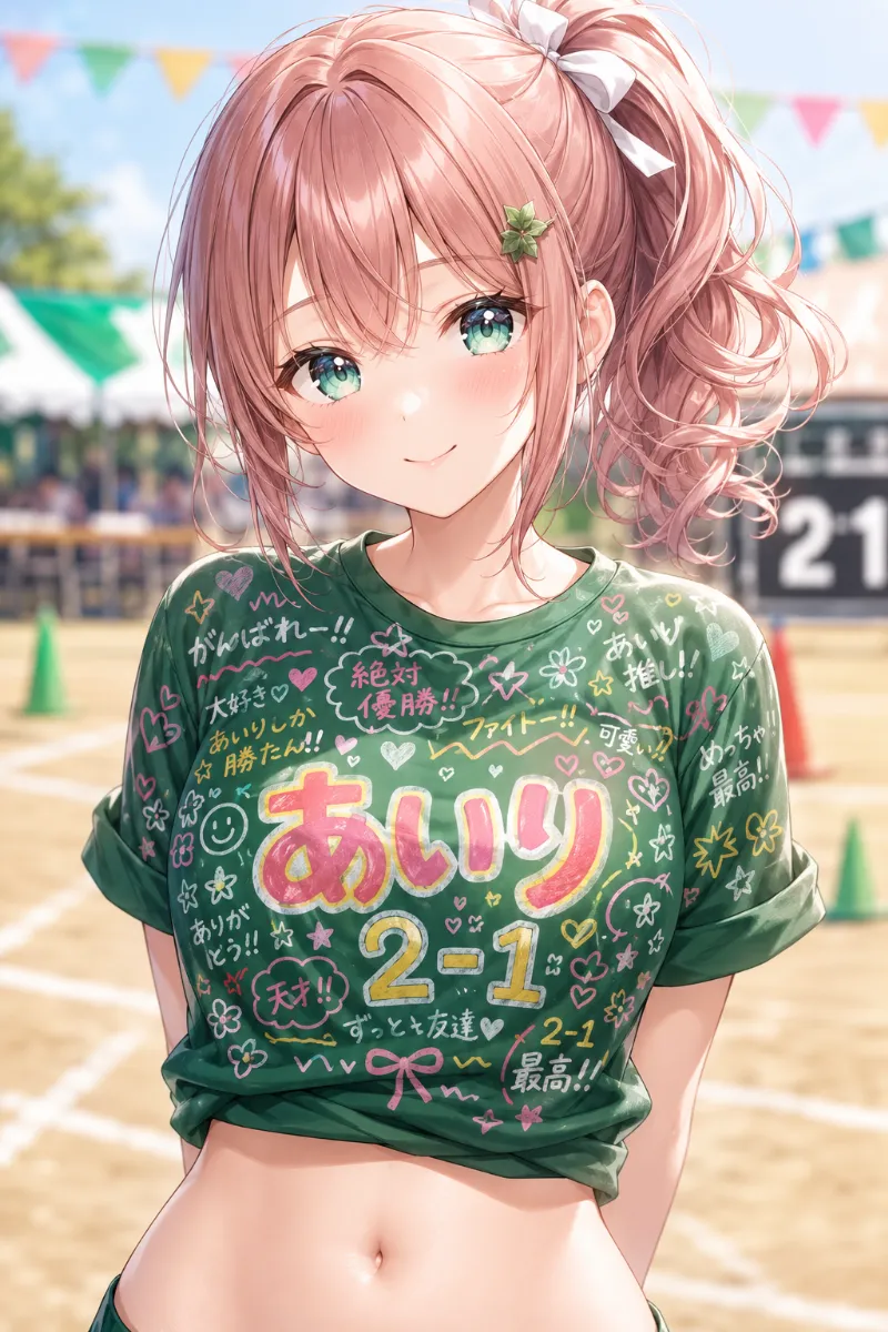AIイラスト版｜アイビーグリーンの手描きクラスTシャツを短丈風に折り込み、袖をロールした体育祭コーデ