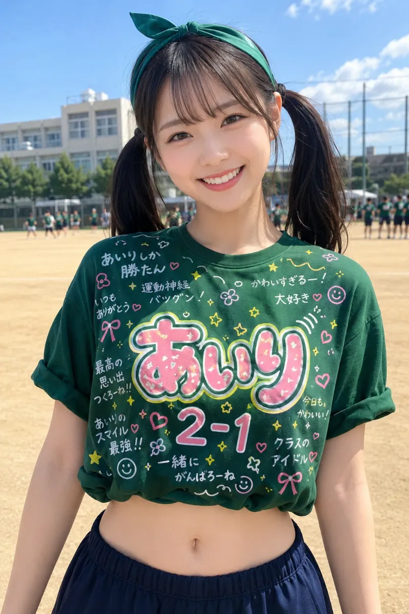 実写AI美女版｜アイビーグリーンの手描きクラスTシャツを短丈風に折り込み、袖をロールした体育祭コーデ