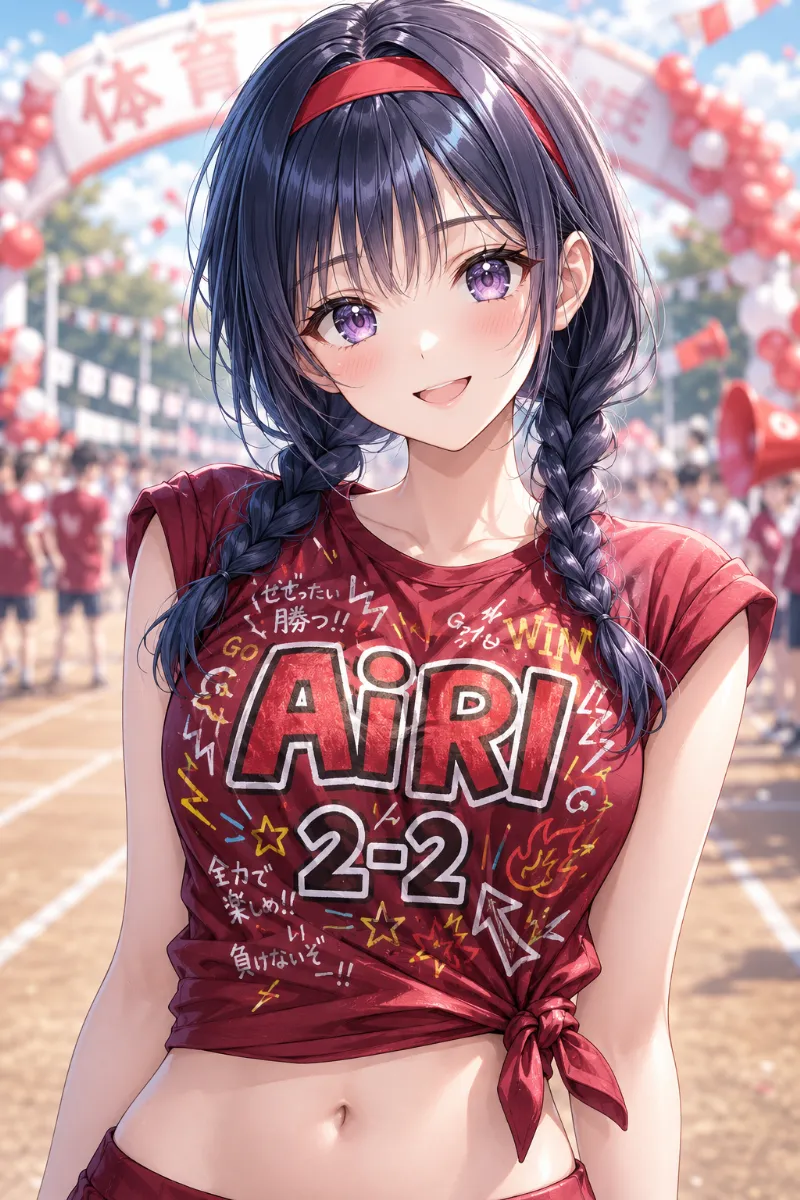 AIイラスト版｜バーガンディレッドの手描きクラスTシャツをサイド結びにし、肩出し風に着こなした体育祭コーデ