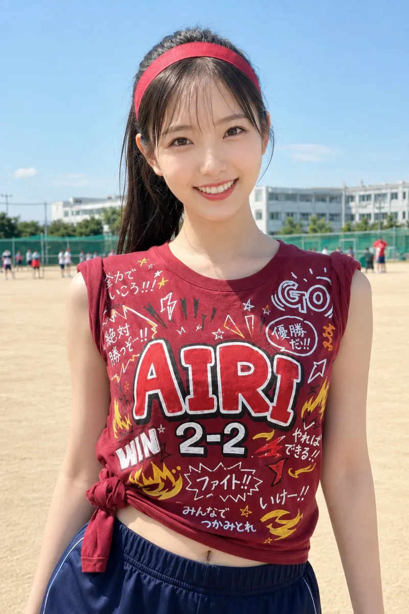 実写AI美女版｜バーガンディレッドの手描きクラスTシャツをサイド結びにし、肩出し風に着こなした体育祭コーデ