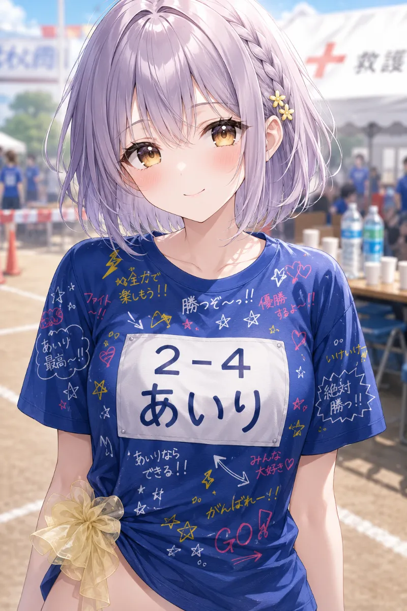 AIイラスト版｜ロイヤルブルーのゼッケン付きクラスTシャツを、淡い黄色のシュシュで裾アレンジした体育祭コーデ