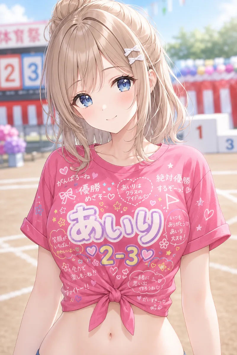 AIイラスト版｜ホットピンクの手描きクラスTシャツをフロント結びにし、お腹を見せた体育祭コーデ