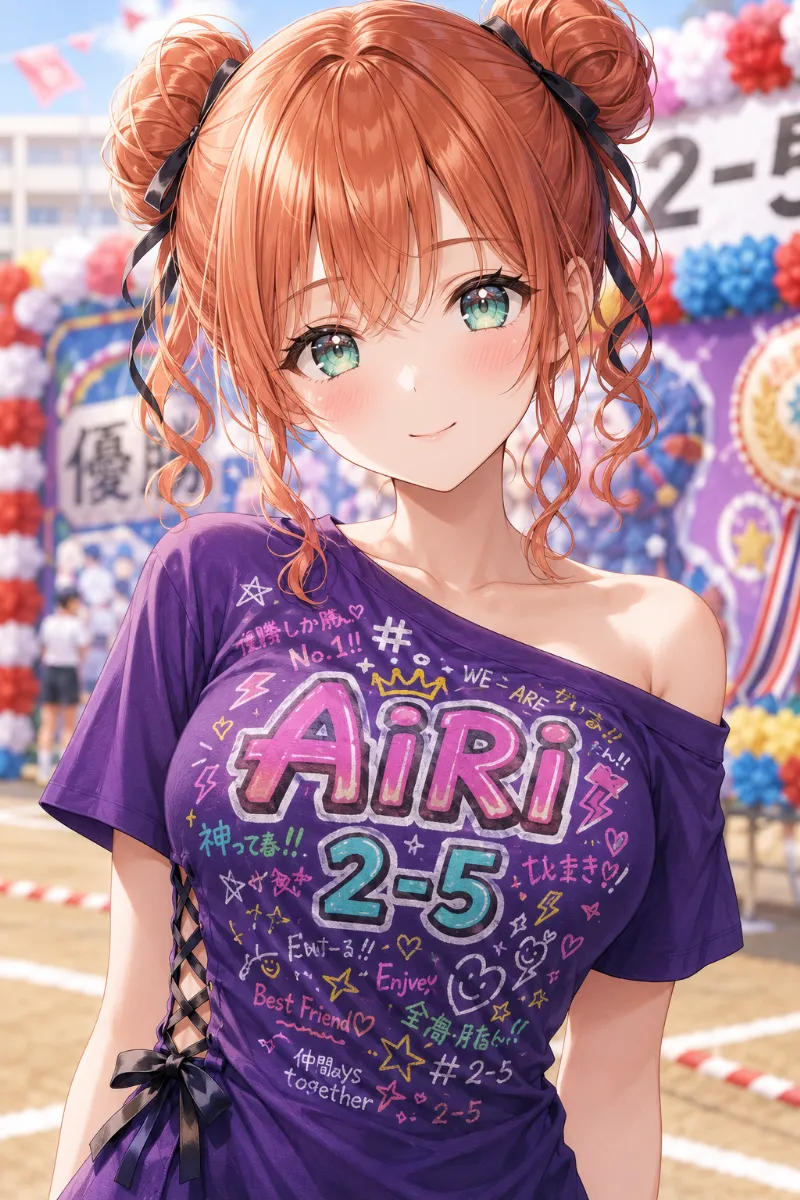 AIイラスト版｜ディープパープルのクラスTシャツをワンショルダーとサイド編み上げでリメイクした体育祭コーデ