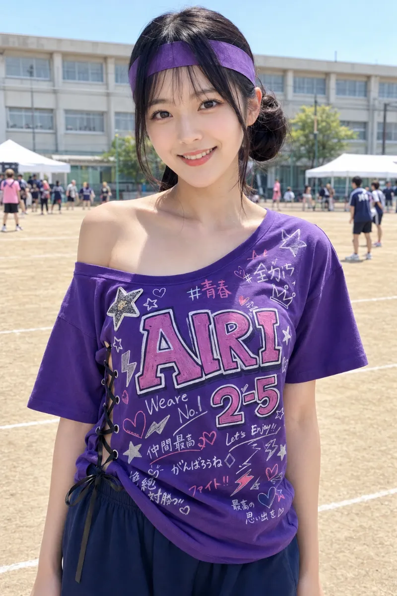 実写AI美女版｜ディープパープルのクラスTシャツをワンショルダーとサイド編み上げでリメイクした体育祭コーデ