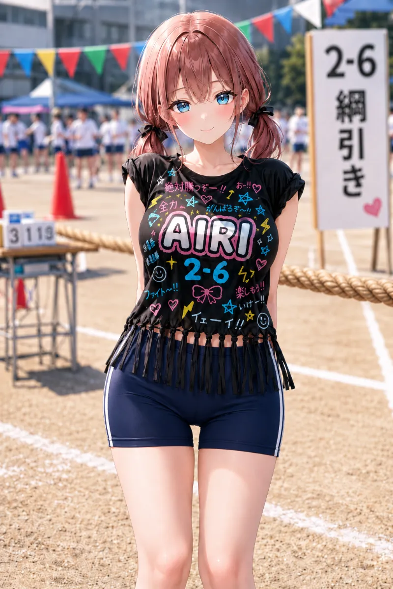 AIイラスト版｜ブラックの手描きクラスTシャツを裾フリンジ加工し、ノースリーブ風に着こなした体育祭コーデ