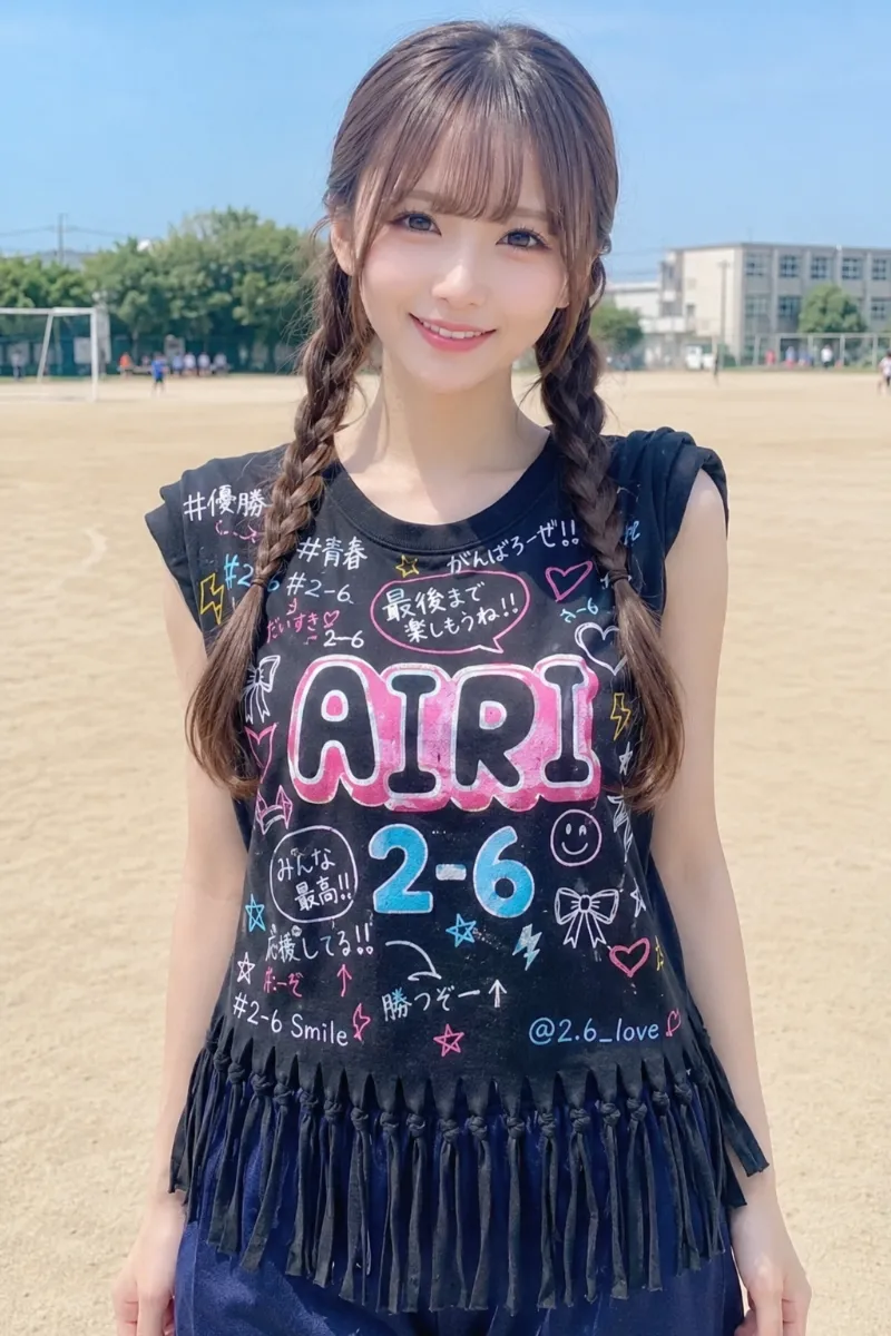 実写AI美女版｜ブラックの手描きクラスTシャツを裾フリンジ加工し、ノースリーブ風に着こなした体育祭コーデ