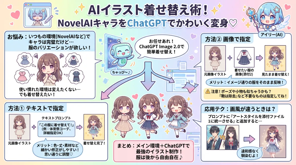 ChatGPTでAIイラストを着せ替えするプロンプト【手順解説】のまとめ用の図解イラスト（グラレコ）