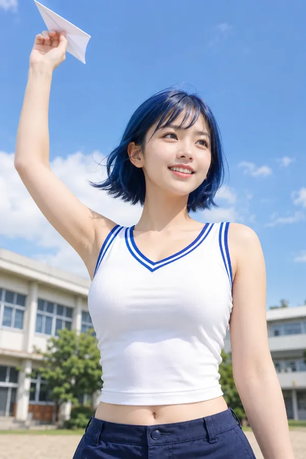 青いV字ラインを加えた白いノースリーブトップスの作例｜AI画像（GPT Image 2.0生成）