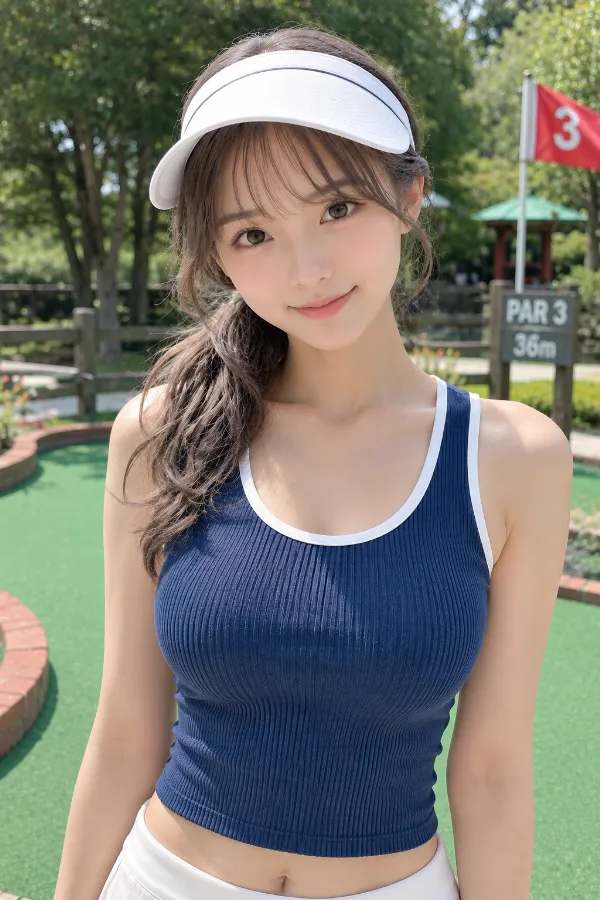 襟や袖口に白いトリムを加えた青いリブニットトップスの作例｜AI画像（GPT Image 2.0生成）