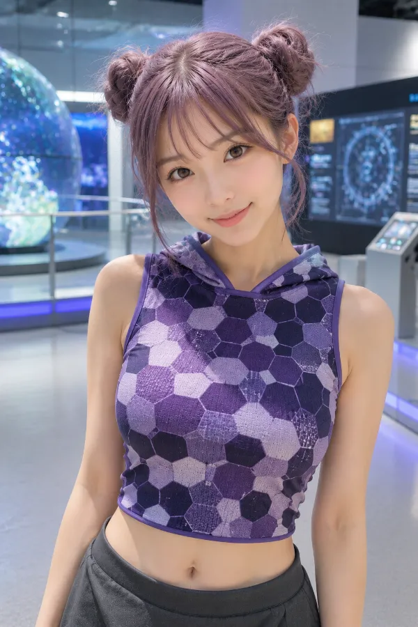 濃淡の紫色で六角形を並べたノースリーブトップスの作例｜AI画像（GPT Image 2.0生成）