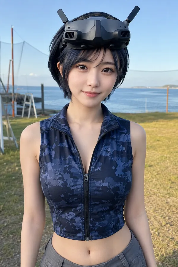 紺色と青の四角形で構成したデジタル迷彩ベストの作例｜AI画像（GPT Image 2.0生成）