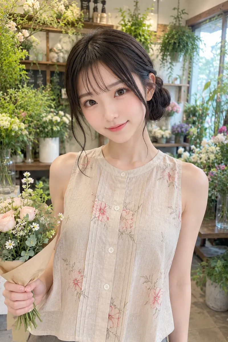 ピンク色の花形の装飾を加えたベージュのブラウスの作例｜AI画像（GPT Image 2.0生成）