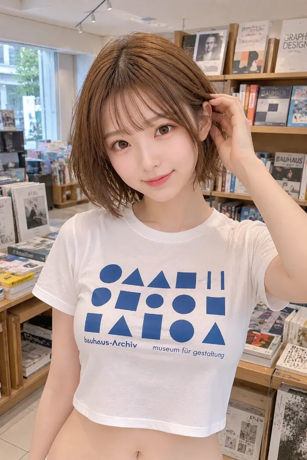 青い図形をプリントした白いTシャツの作例｜AI画像（GPT Image 2.0生成）