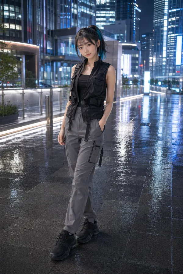 機能服や都市型装備風に仕上げた黒い多ポケットベストの作例｜AI画像（GPT Image 2.0生成）