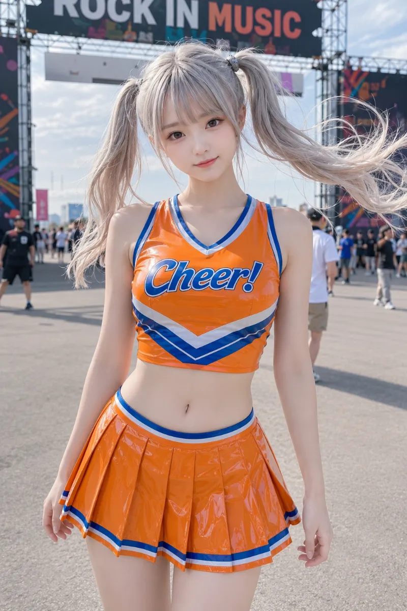 オレンジ色に青と白のアクセントを加えたチアリーダー衣装の作例｜AI画像（GPT Image 2.0生成）
