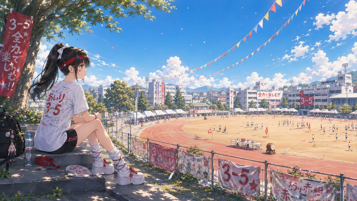 体育祭の風景、広い風景の中にキャラクターを点景として配置したコンセプトアート
