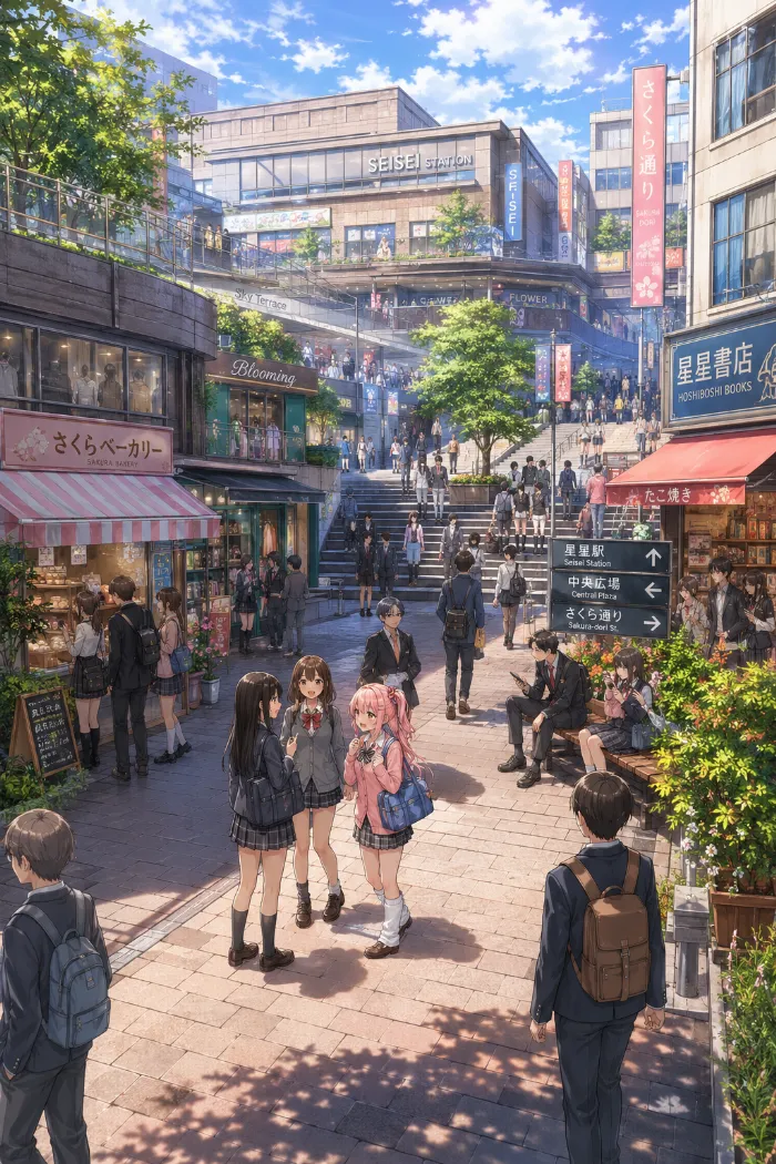 普通の街並みで友人と談笑する美少女のコンセプトアートの作例
