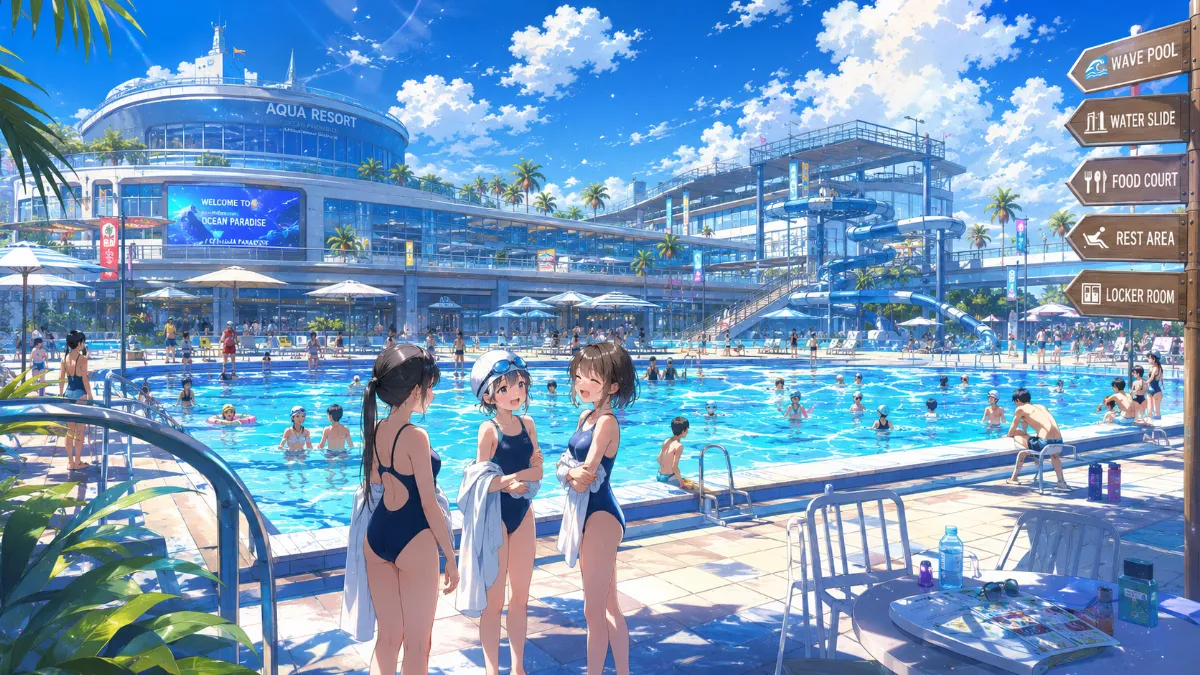 真夏のプールで友人とお喋りをするシーンのコンセプトアートの作例