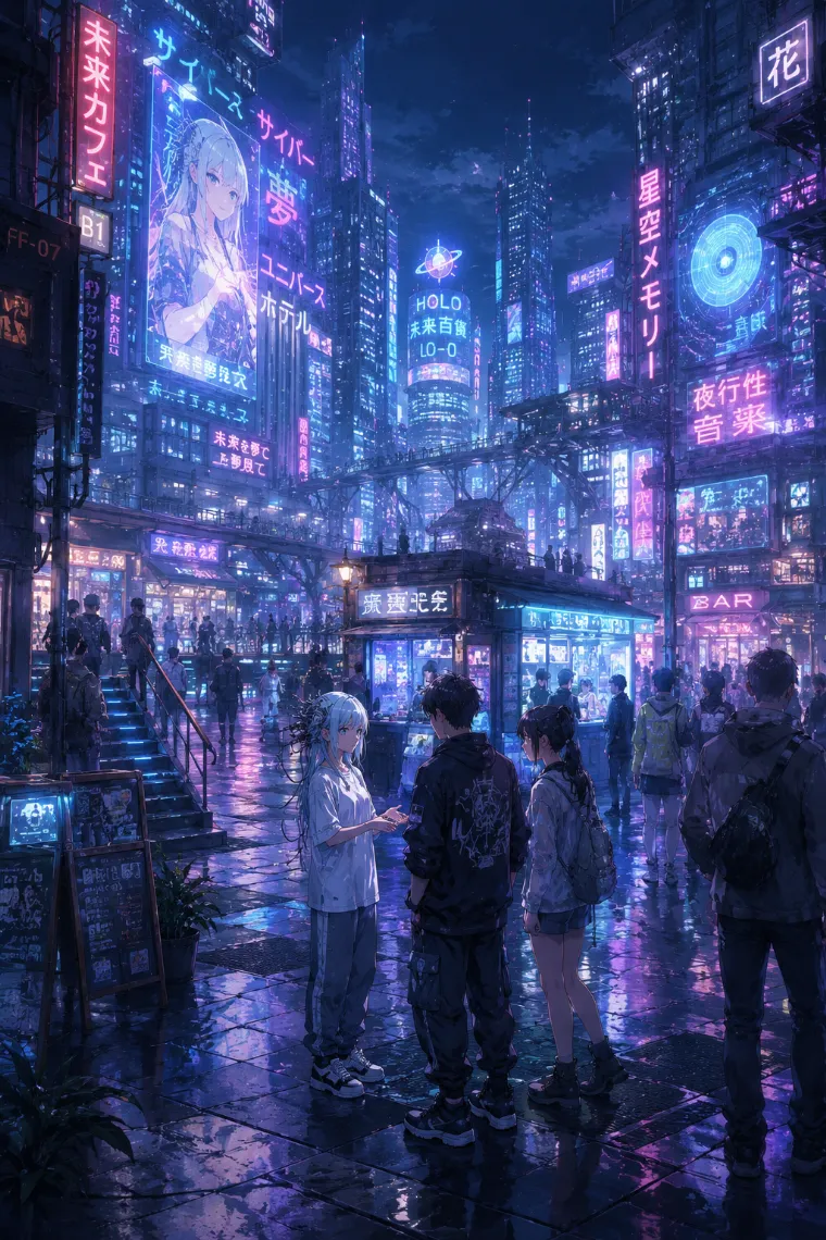 ネオンサインが並ぶ都市を描いたサイバーパンク風コンセプトアート