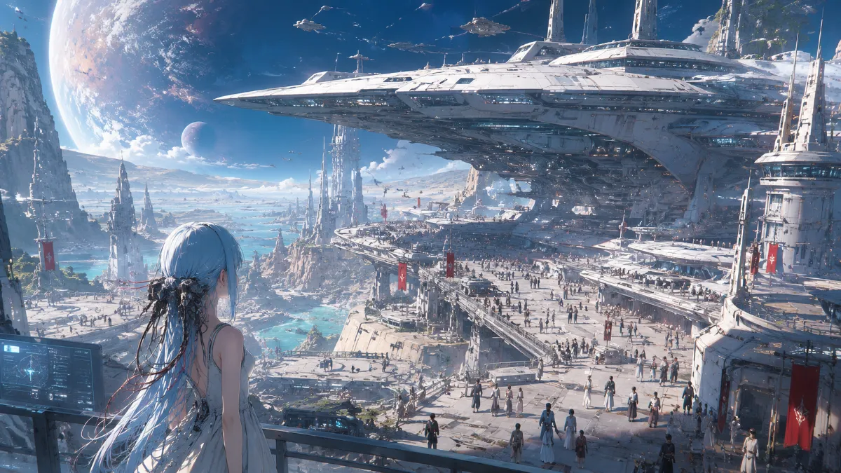 未知の惑星で巨大宇宙船と文明、群衆を描いたコンセプトアート