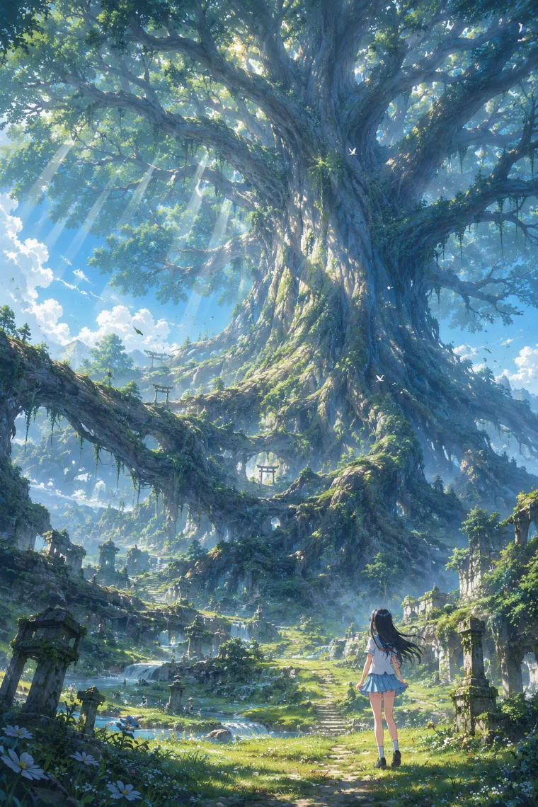巨大な世界樹のある幻想世界を描いたコンセプトアート