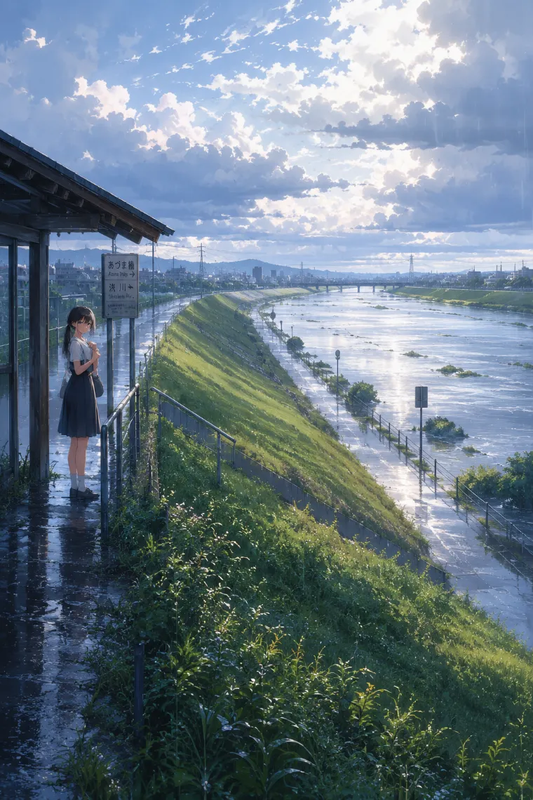 大きな川沿いの堤防と人物を描いたコンセプトアート