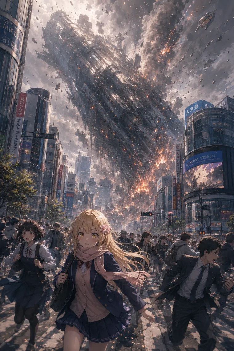 巨大宇宙船の墜落により都市から避難する人々を描いたコンセプトアート